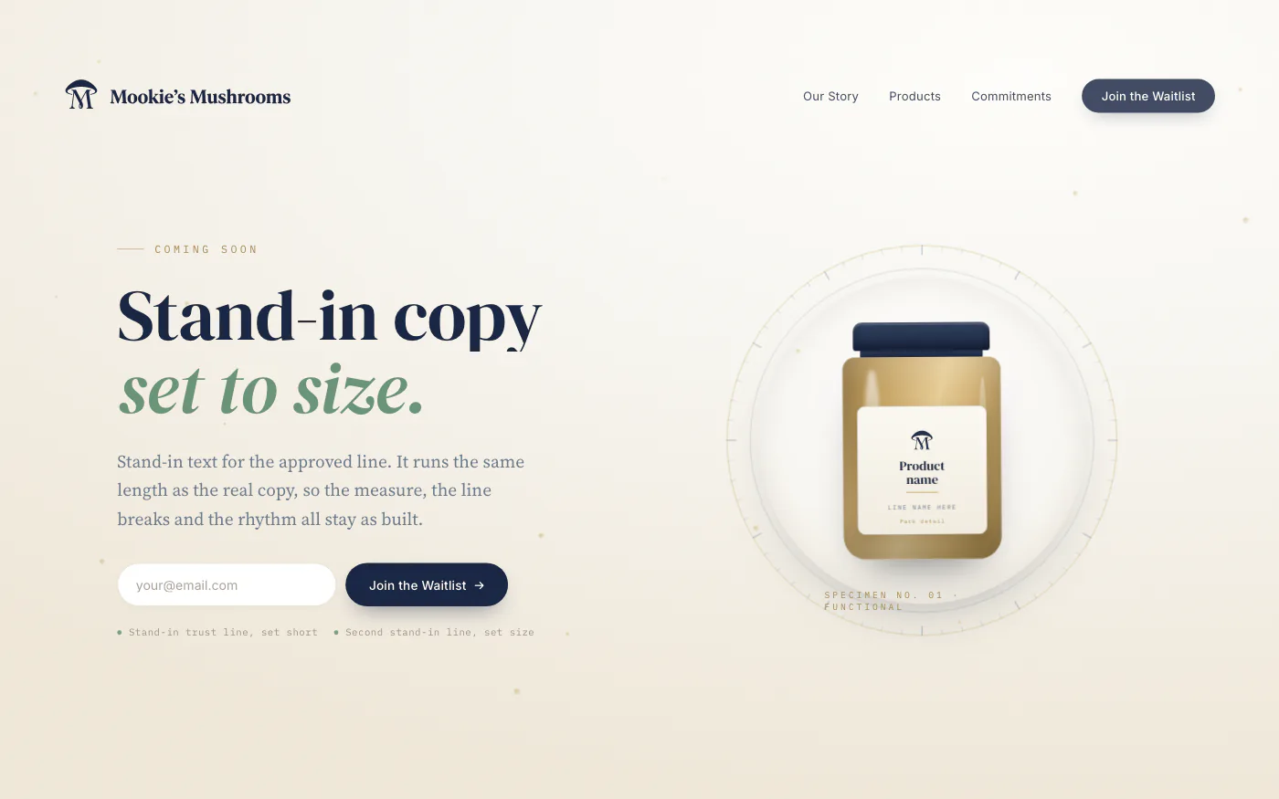 Hero 1, The Apothecary: a warm cream page, a two-line serif headline with a sage italic second line on the left, and an amber jar inside a fine specimen ring on the right.