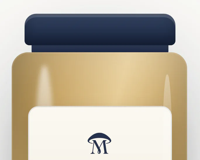 Close crop of a jar mockup: a navy lid over amber-tinted glass, the top of a cream label with the navy mark.
