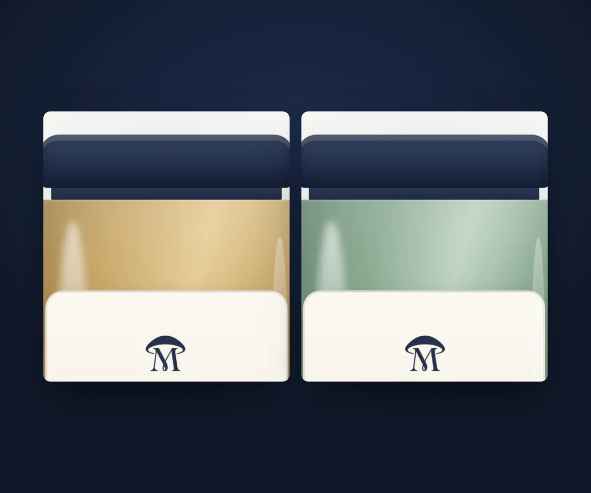 Two jar mockups side by side, amber and sage glass, each with a navy lid and a cream label carrying the mark.