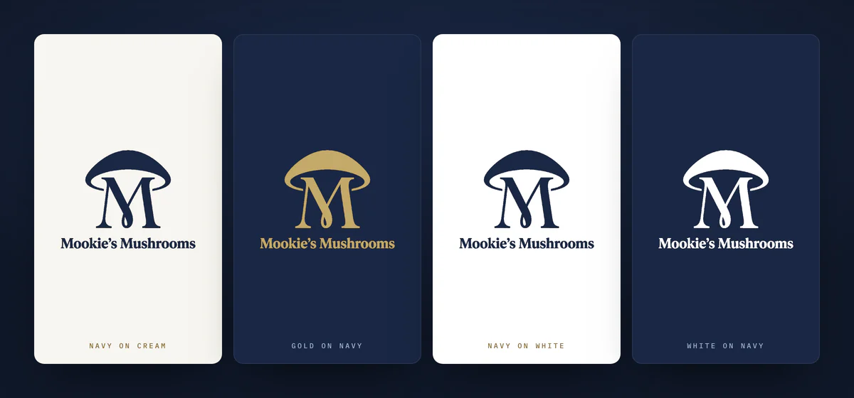 The mark and wordmark lockup on four grounds: navy on cream, gold on navy, navy on white, and white on navy.