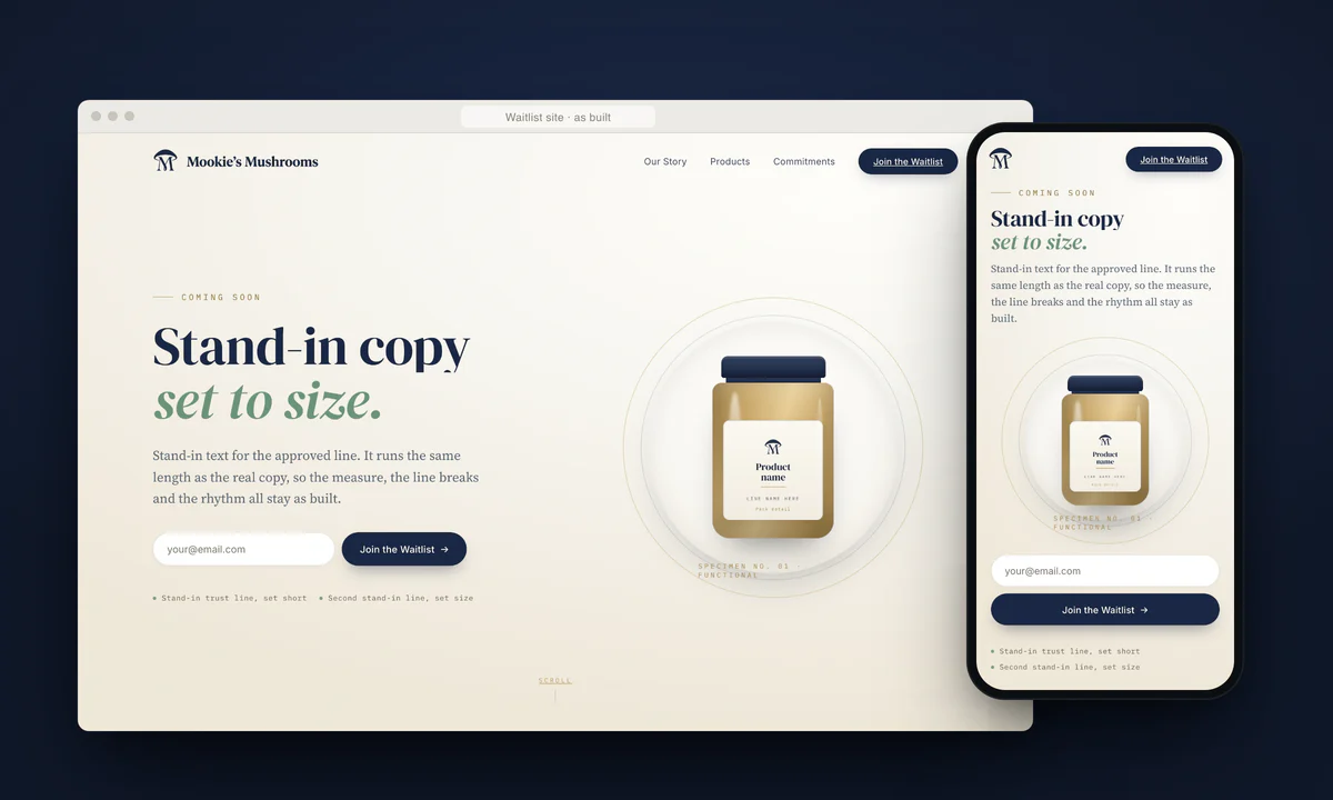 The built waitlist hero in a browser and on a 390px phone: a serif headline with a sage italic second line, an email field and a navy Join the Waitlist button, and an amber jar in a specimen ring. Hero copy is stand-in text.