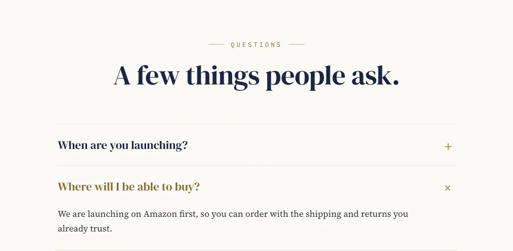 The FAQ on the paper ground. One question is open, its title in gold text, with the answer: we are launching on Amazon first.