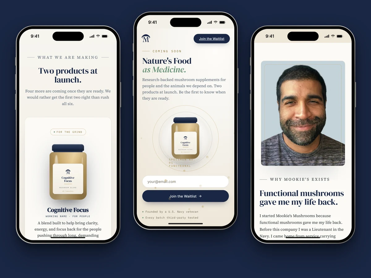 Three iPhones on navy showing the waitlist site: the Two products at launch section with the amber Cognitive Focus jar, the hero with the email field and Join the Waitlist button, and the founder story with Mookie’s portrait.