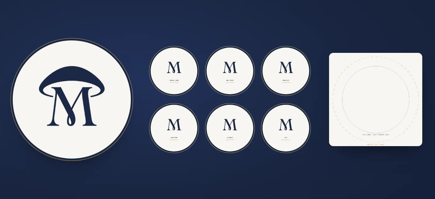 On a navy ground: a circular profile avatar with the navy mark on cream, a grid of round highlight covers each carrying the M monogram, and a square template showing the crop circle and safe zone.