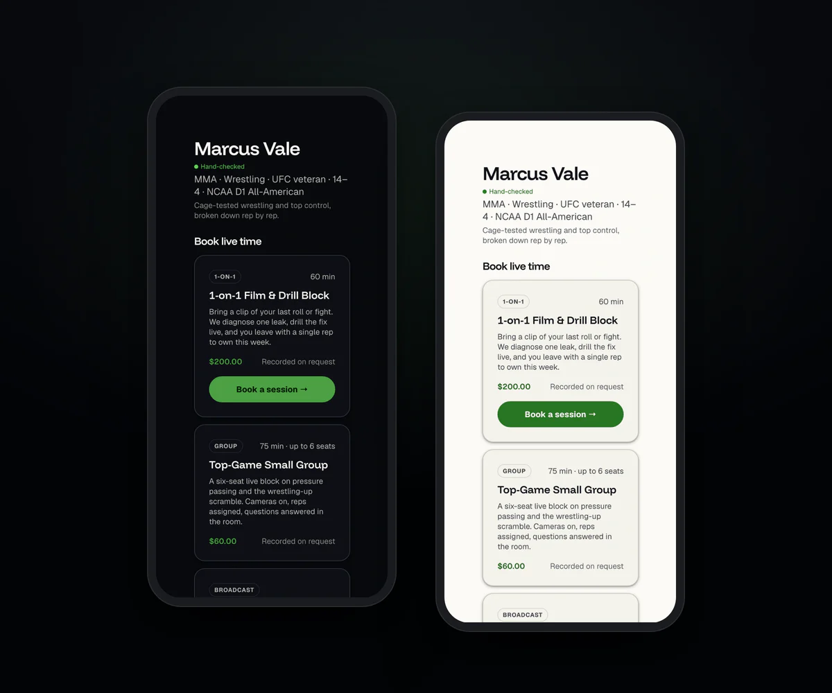 Two phones showing an instructor profile with session offerings and a Book a session button, one in the dark theme and one in the light theme.