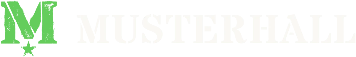 Horizontal lockup on a dark ground: green monogram beside the MUSTERHALL wordmark in light ink.