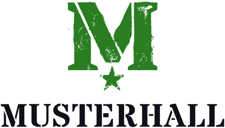 Stacked lockup on a light ground: the green monogram above the MUSTERHALL stencil wordmark in ink.