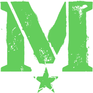 The Musterhall monogram on a dark ground: a distressed stencil M with a star beneath it, in green.