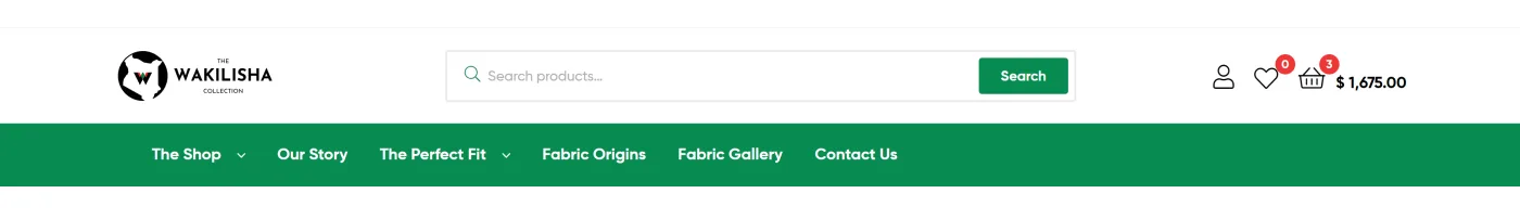 The redesigned navigation: a simpler menu with dropdowns for store sections and fabric sourcing