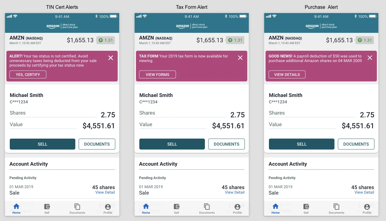Stock activity alerts across screens