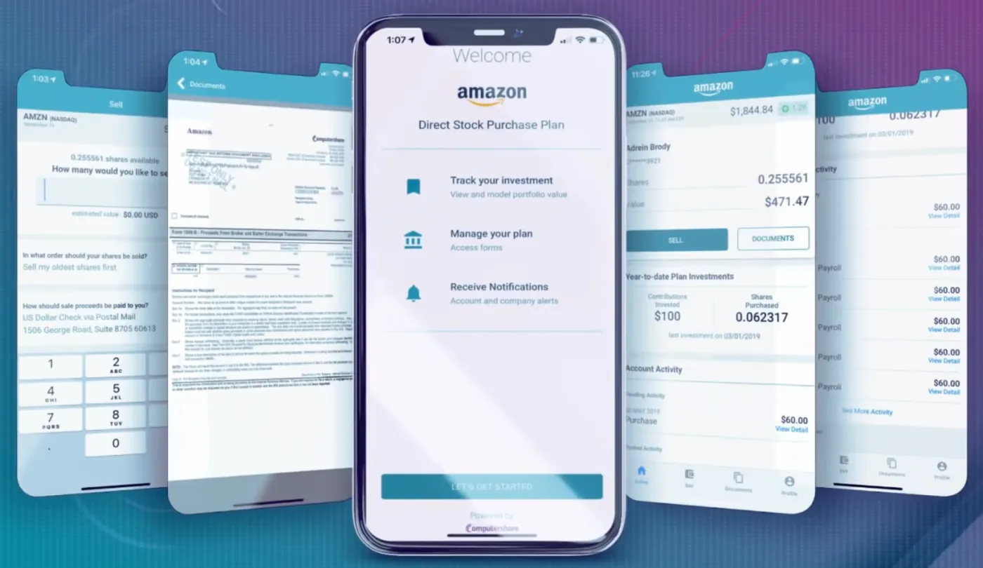 The Amazon Direct Stock Purchase Plan app, from welcome through selling, documents, and the dashboard