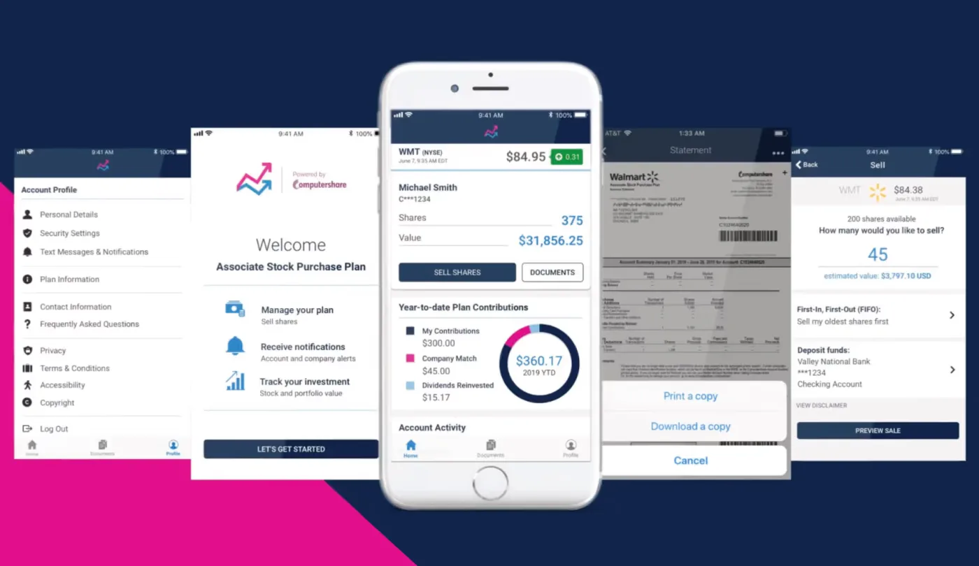 The Walmart Associate Stock Purchase Plan app, from welcome through account, statements, and selling